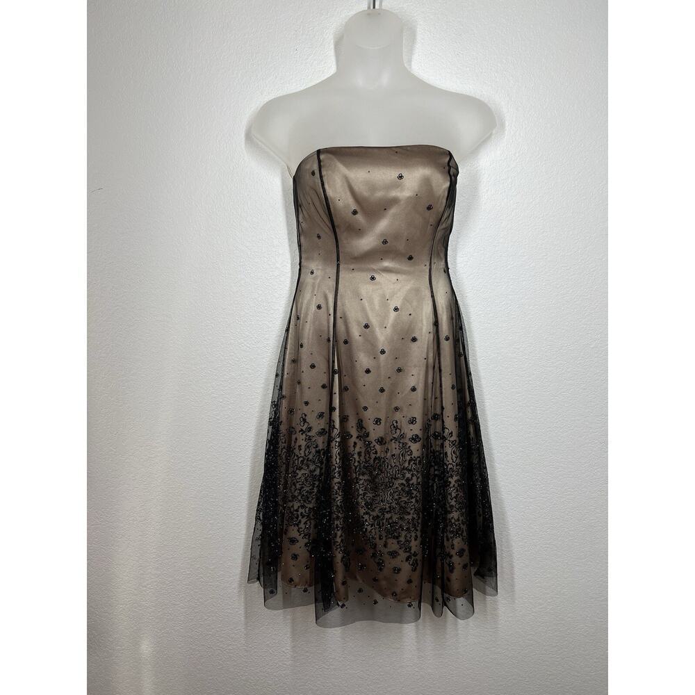 Adrianna Papell Boutique Strapless Mesh Illusion Size 10 Black Tan Floral Formal
